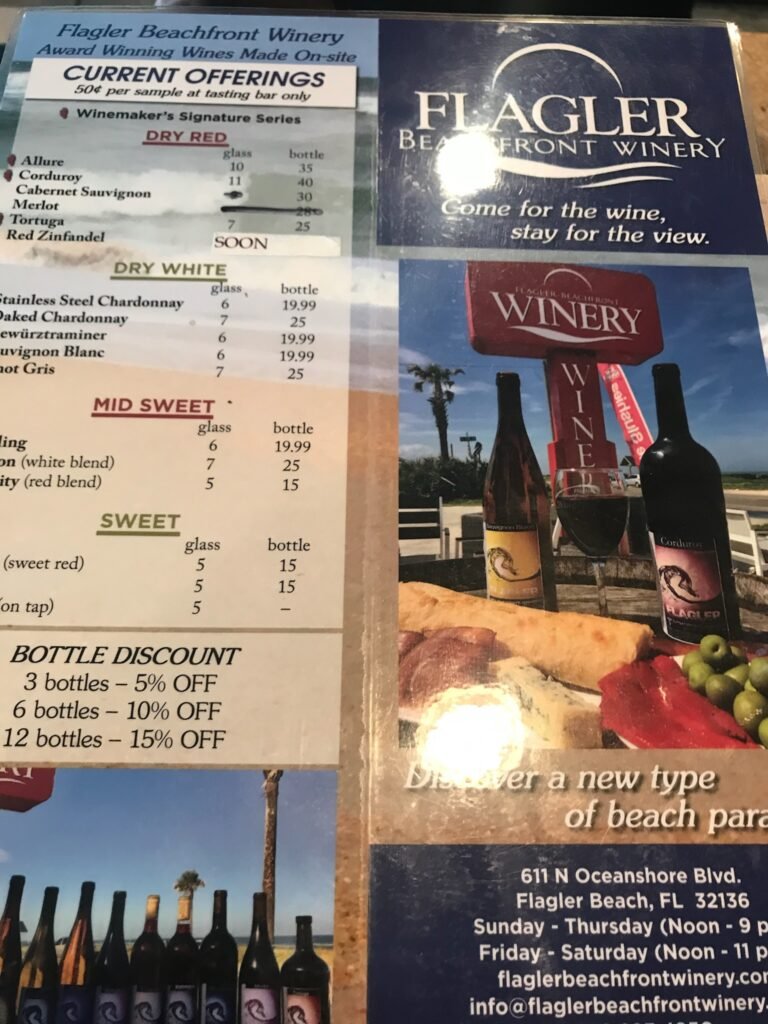 Winery menu in Flagler Beach, Florida.