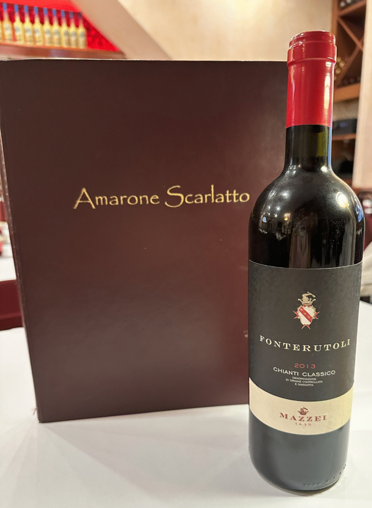 Menu and bottle of Chianti at Amarone Scarlatto