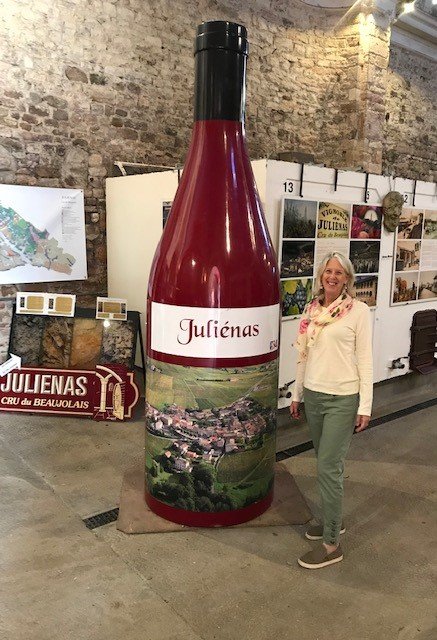 Susan at the tasting coop in Julienas A Beaujolais wine region of France